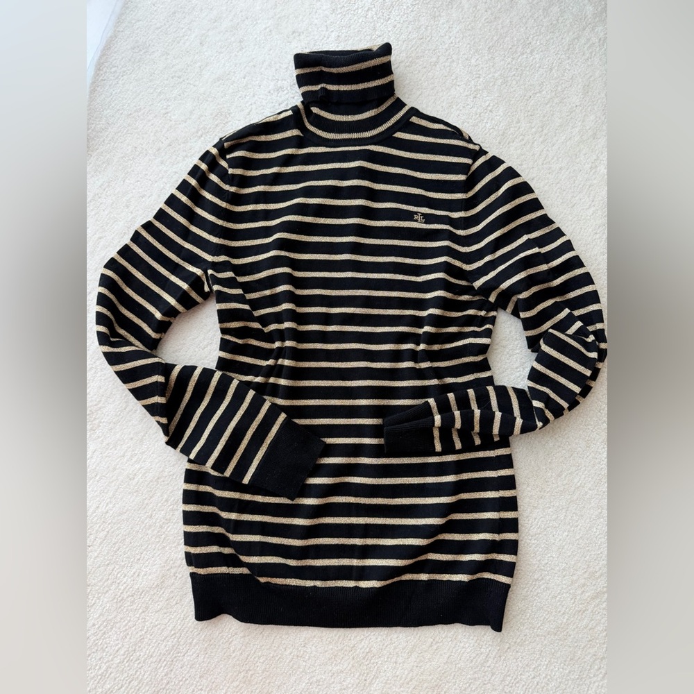 Lauren Ralph Lauren Black and Gold Knit Turtleneck Long Sleeve Sweater Top